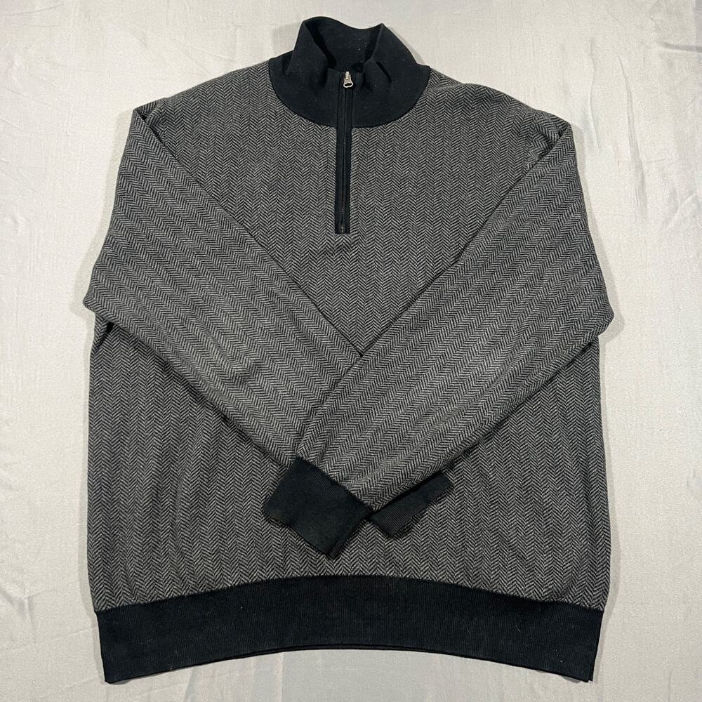 J Crew Quarter Zip Sweater Mens Large Gray Herringbone Pullover Cotton